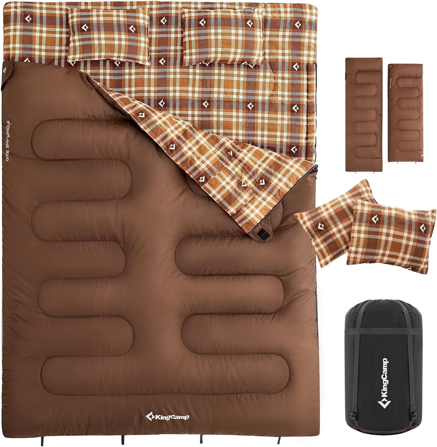 KingCamp Queen Size 2-Person Double Cotton Flannel Sleeping Bag - 8°F-44°F Cold Weather Rating, Lightweight & Compact for Backpacking, Includes Pillows for Couples & Family Camping, 8.8LBS (Coffee)