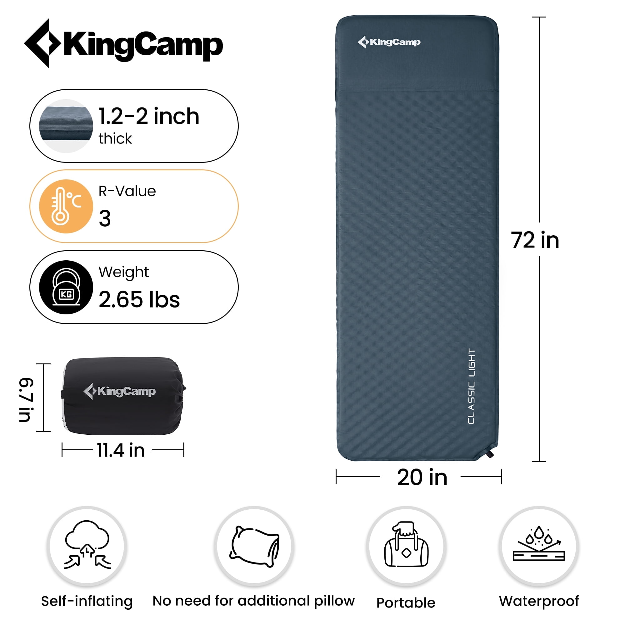 KingCamp Compact Self-Inflating Sleeping Pad with Pillow for