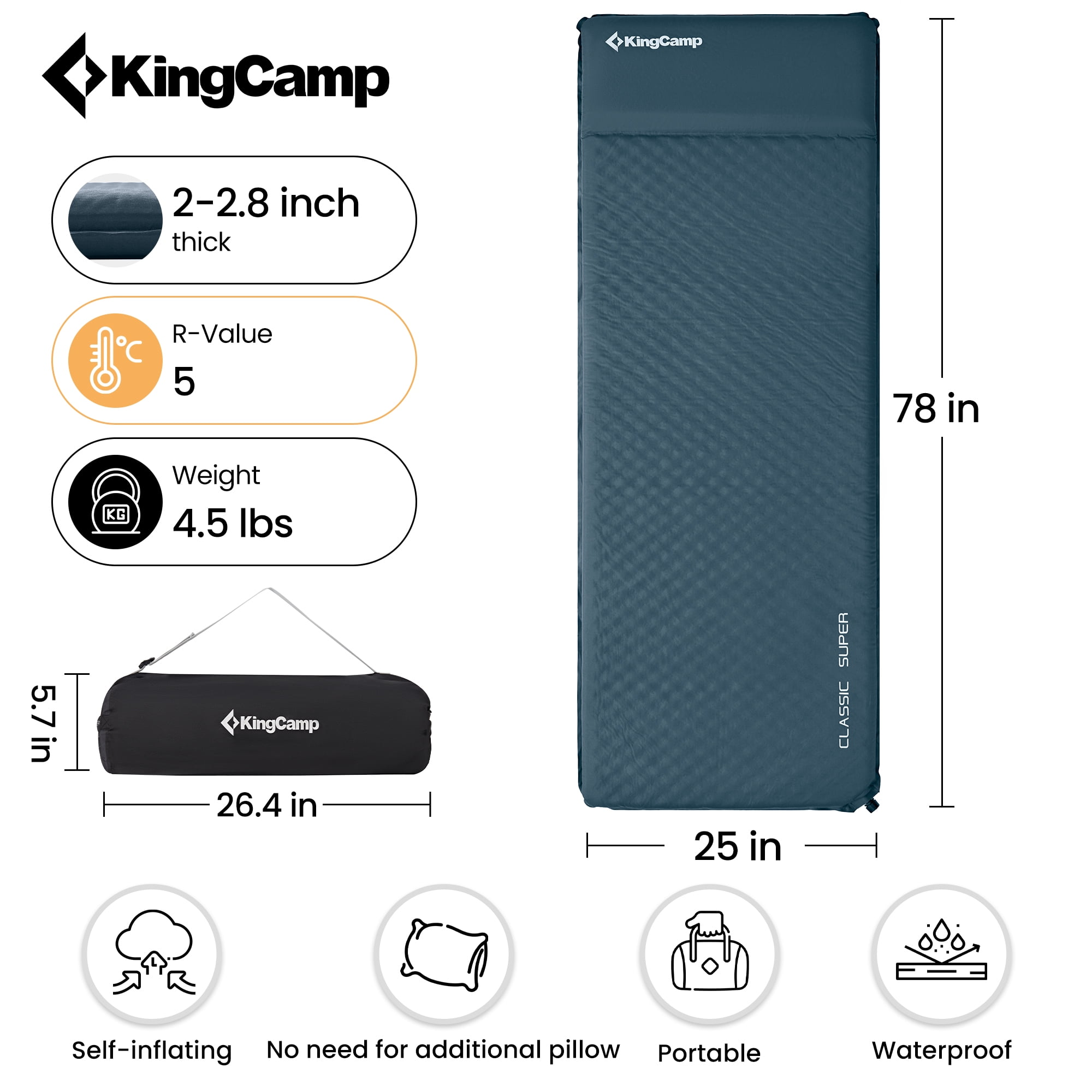 KingCamp Compact Self-Inflating Sleeping Pad with Pillow for