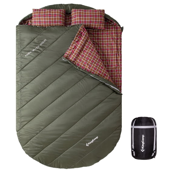 KingCamp Double Sleeping Bag for Adults, Queen Size 2 Person XL Flannel Sleeping Bag with 2 Pillows & Compression Sack for Camping, 17.6°F-53.6°F, Green