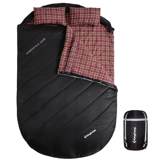 KingCamp Double Sleeping Bag for Adults, Queen Size 2-Person Sleeping Bag Flannel Lining Camping Bag with 2 Pillows & Compression Sack, 17.6°F-53.6°F, Black