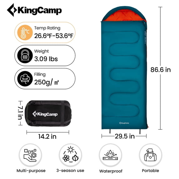 KingCamp Sleeping Bag for Adults and Kids Lightweight Warm & Water Repellent, 27°F-54°F Cold Weather Camping Gear with Compression Sack for Backpacking, Hiking, Blue