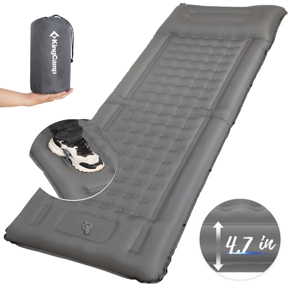 KingCamp Inflatable Sleeping Pads for Camping, 4.7" Thick Air Pad with Built-in Foot Pump, Portable Ultralight Camping Mattress for Backpacking, Grey