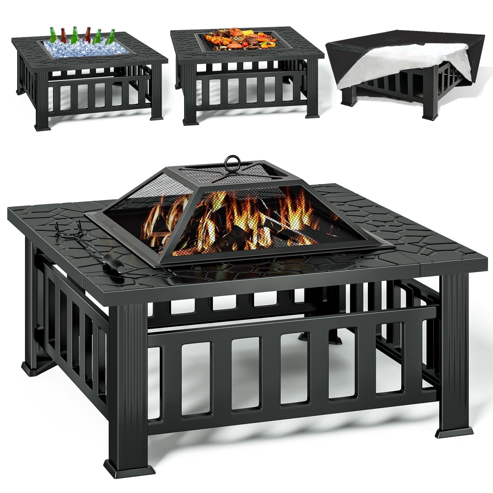 KingChii 32" Fire Pit Table Wood Burning Square Metal Firepit for Outdoor, Patio Backyard BBQ with Mesh Lid, Poker and Cover, Black