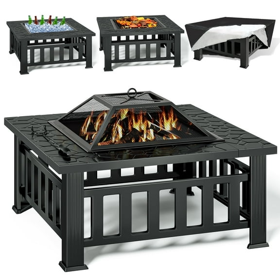 KingChii 32" Fire Pit Table Wood Burning Square Metal Firepit for Outdoor, Patio Backyard BBQ with Mesh Lid, Poker and Cover, Black