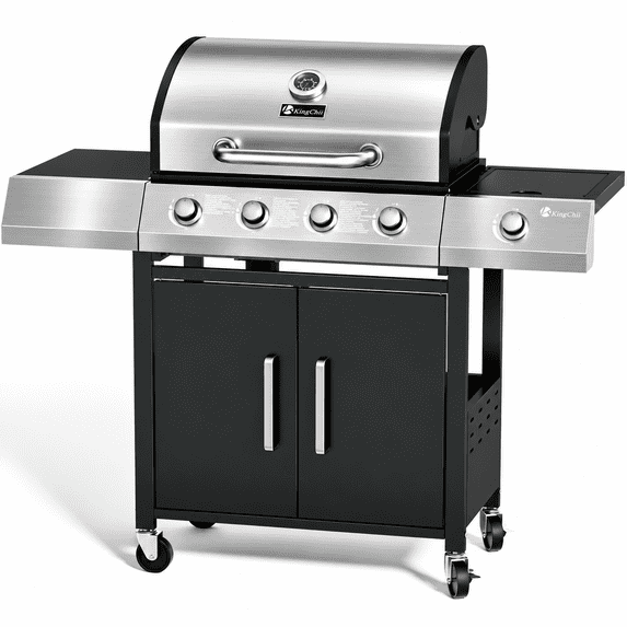 KingChii 4-Burner Propane Gas Grill with Side Burner and Side Table, Stainless Steel Outdoor BBQ Grill for Camping Patio Cooking
