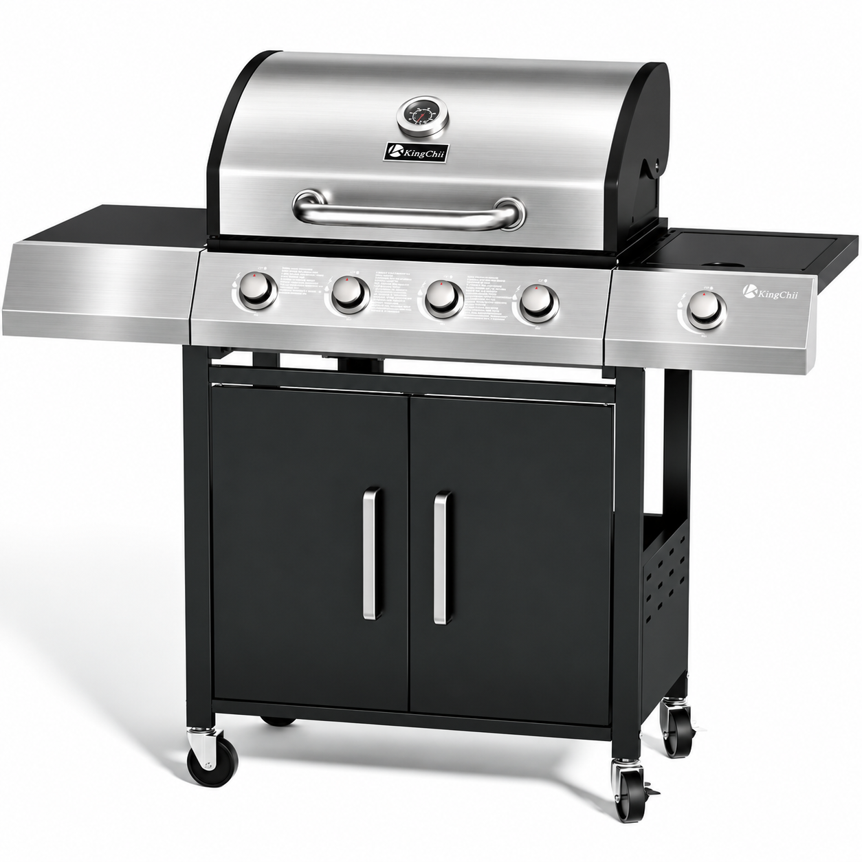 KingChii 4-Burner Propane Gas Grill with Side Burner and Side Table, Stainless Steel Outdoor BBQ Grill for Camping Patio Cooking