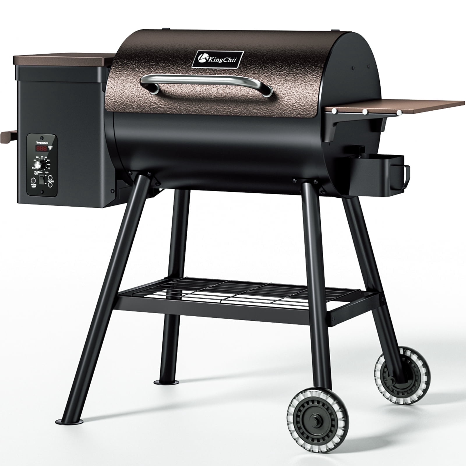 KingChii 456 SQ.IN Pellet Grill Smoker with Side Shelf, 8 IN 1 BBQ Grill with PID Temperature Control for Outdoor Cooking, BBQ Camping and Patio, Brown