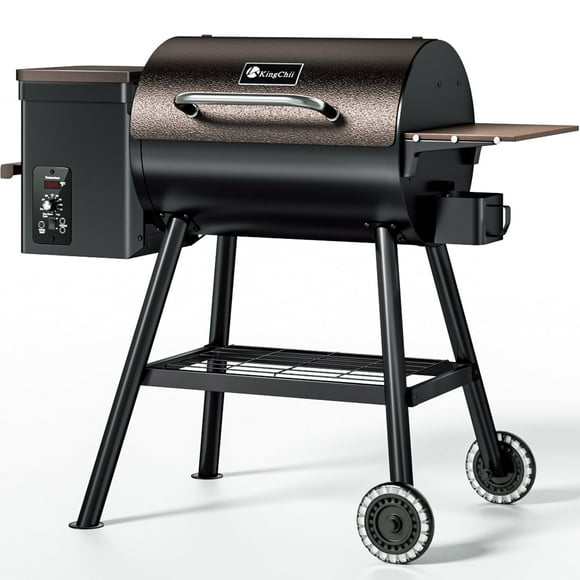 KingChii 456 SQ.IN Pellet Grill Smoker with Side Shelf, 8 IN 1 BBQ Grill with PID Temperature Control for Outdoor Cooking, BBQ Camping and Patio, Brown