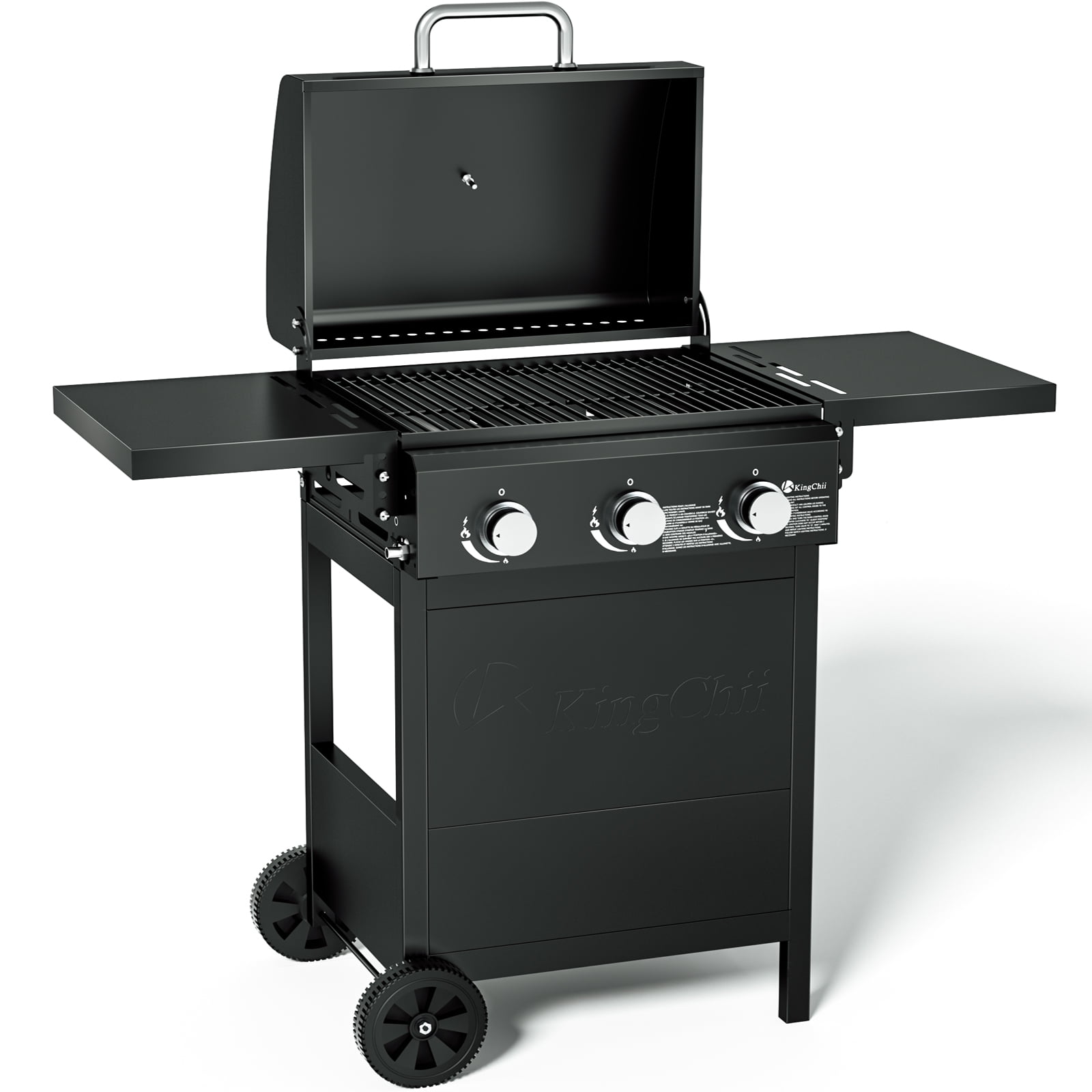 Kingchii 3-Burner Propane Grill, 28,500 BTU BTUs Gas Grill with Foldable Side Tables, Built-in Thermometer for Outdoor Grilling, BBQs and Camping