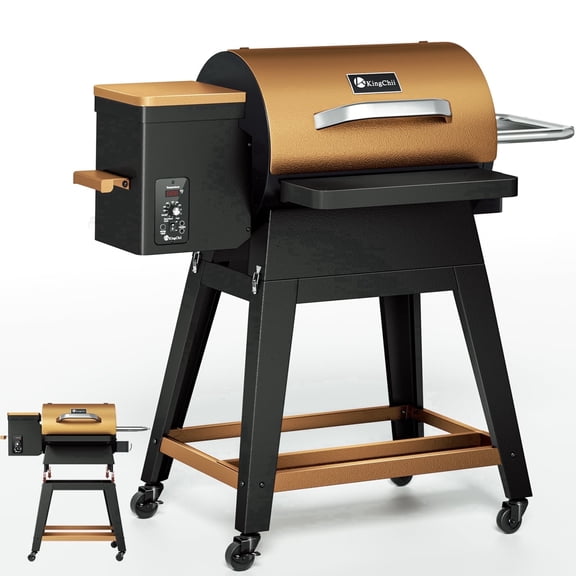 KingChii Wood Pellet Grill & Smoker with Detachable Body and Legs, 485 Sq. In. Cooking Area, Portable BBQ Grill for Outdoor Patio, Easy to Move & Compact Storage, Up to 425°F, Bronze
