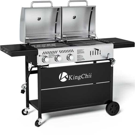 KingChii Gas and Charcoal Grill Combo with 22,500 BTU, Dual Fuel BBQ Smoker for Outdoor Patio Cooking Barbecue