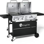 KingChii Gas and Charcoal Grill Combo, Dual Fuel 3-burner BBQ Grill Smoker with Side Burner for Outdoor Patio Cooking Barbecue