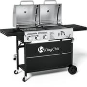 KingChii Gas and Charcoal Grill Combo, Dual Fuel 3-burner BBQ Grill Smoker with Side Burner for Outdoor Patio Cooking Barbecue