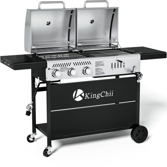 KingChii Gas and Charcoal Grill Combo, Dual Fuel 3-burner BBQ Grill Smoker with Side Burner for Outdoor Patio Cooking Barbecue