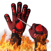 KingChii BBQ Gloves, 1472°F Heat Resistant Grilling Gloves, Non-Slip Silicone Oven Gloves, Long Kitchen Safety Gloves for Barbecue, Frying, Cooking, Baking, Red
