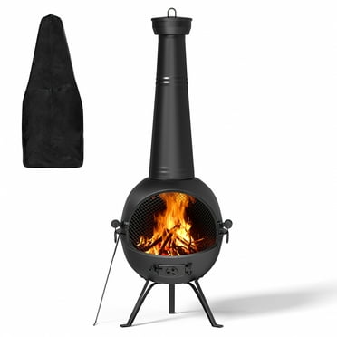 KingChii Chiminea Outdoor Fireplace, Wooden Fire Pit for Patio Backyard  with Cover, Black