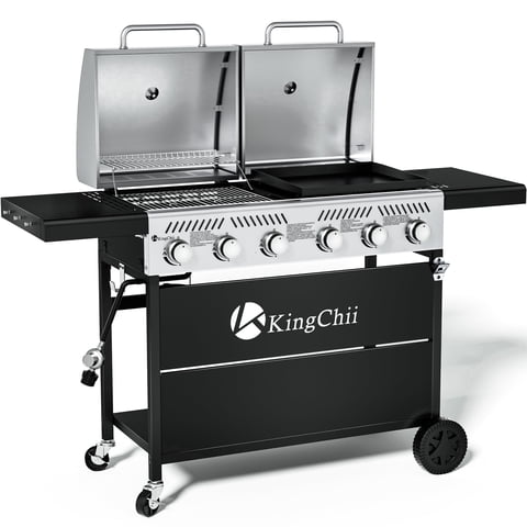 KingChii Propane Gas Grill and Griddle Combo, 2 in 1 Dual Outdoor BBQ with 45,000 BTU for Outdoor Patio Cooking Barbecue