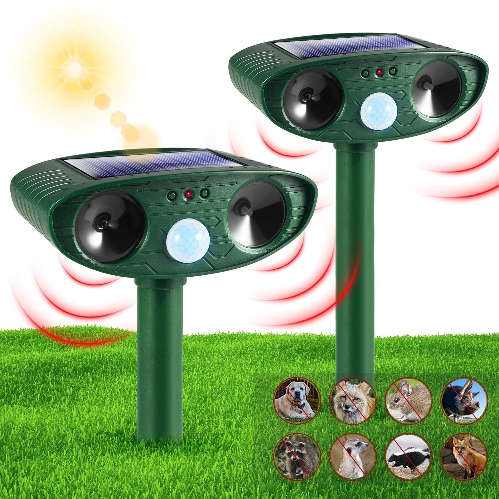 KingFurt 2 Pack Solar Animal Repeller Ultrasonic Outdoor Waterproof Animal Deterrent