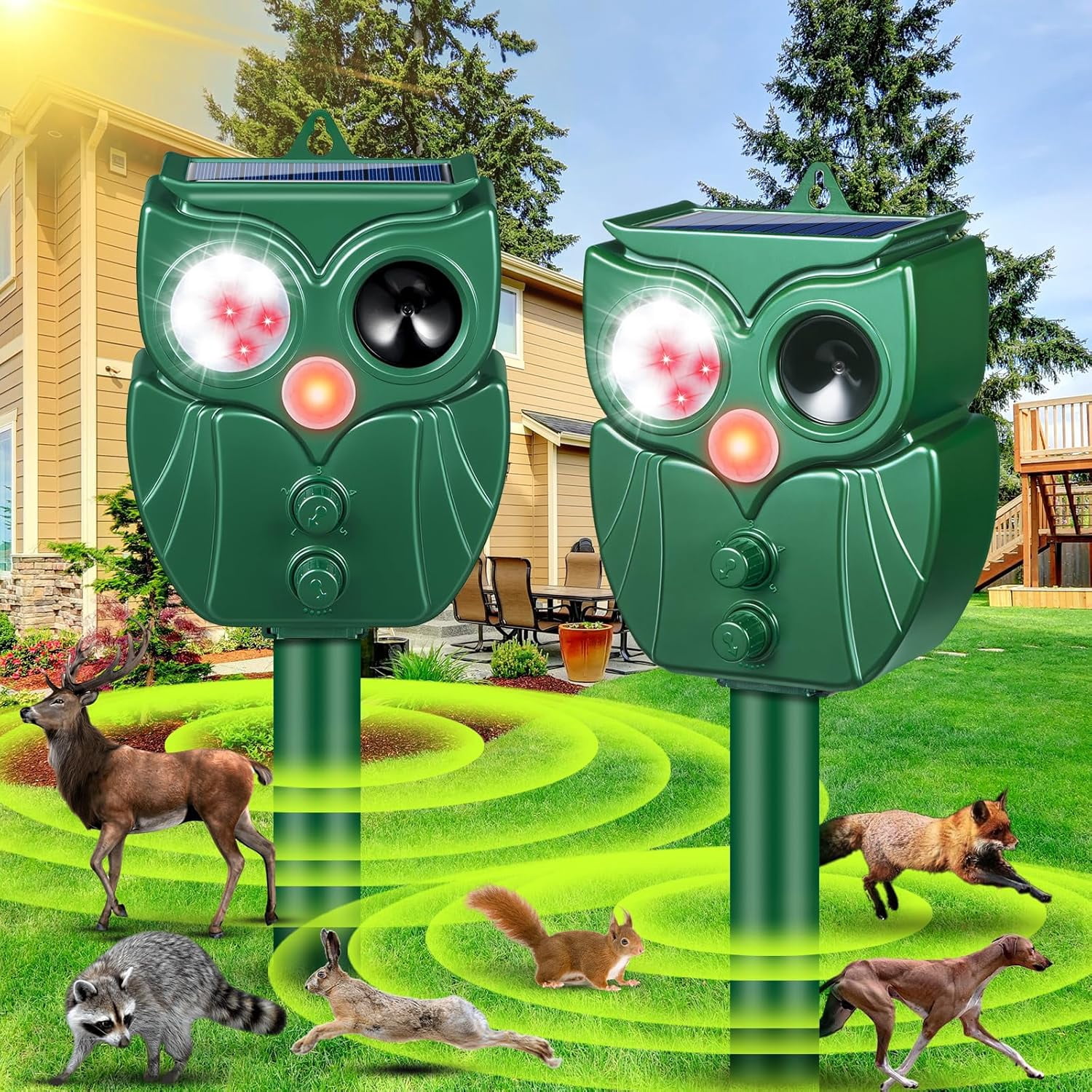 KingFurt 2 Pack Solar Animal Repellet,Ultrasonic Cat Repellent Outdoor with Motion Sensor,Waterproof Deer Deterrent with LED Flash Light