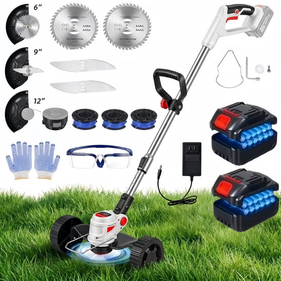 KingFurt 21V Cordless Weed Wacker with Wheels, 3-in-1 Electric String Trimmer and Edger with 2 Batteries, Battery Powered Grass Cutter for Lawn Yard Garden