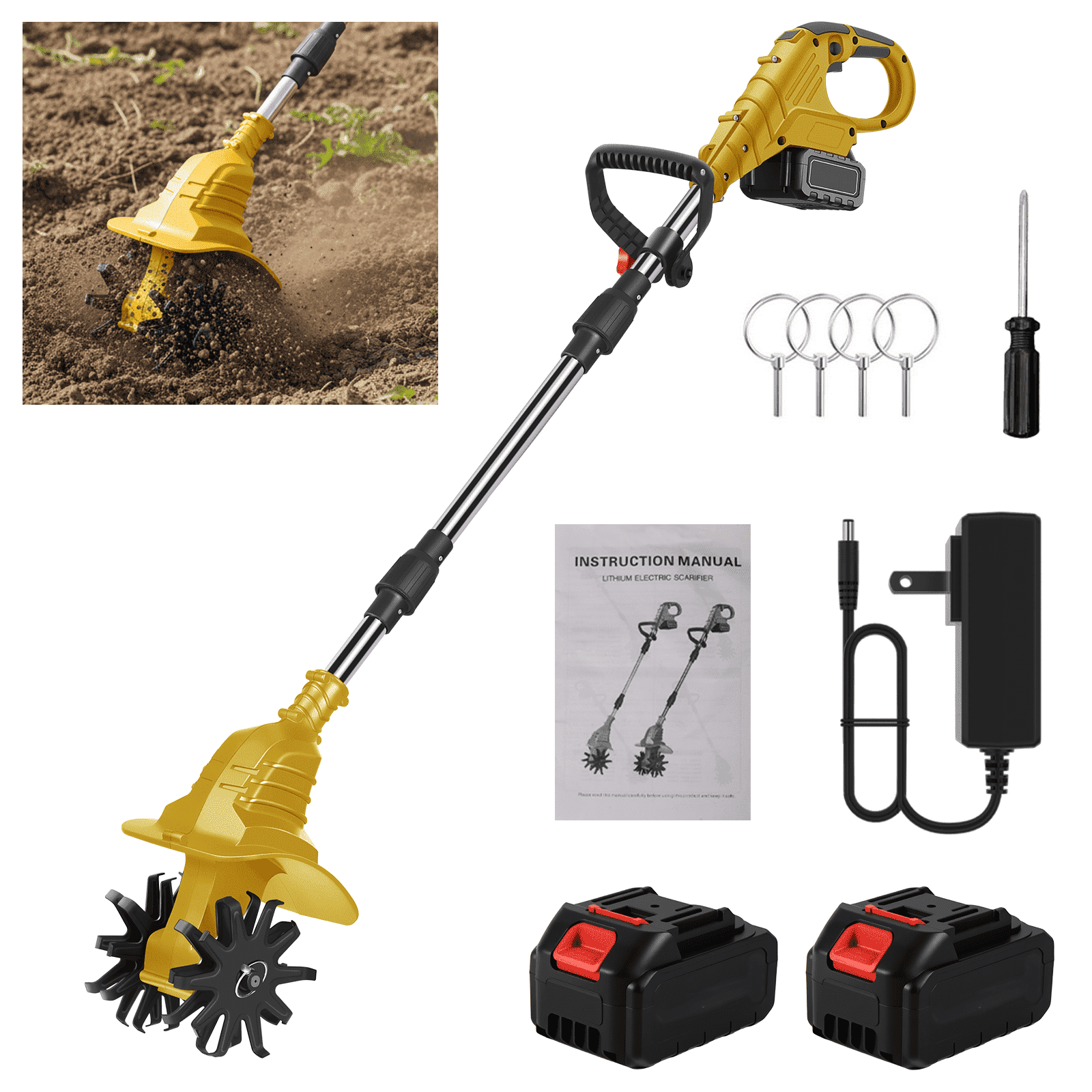 KingFurt 21V Cordless Tiller Cultivator, 2x 2.0Ah Batteries, 330RPM Electric Garden Rototiller for Soil, Weeding, Vegetable Plots