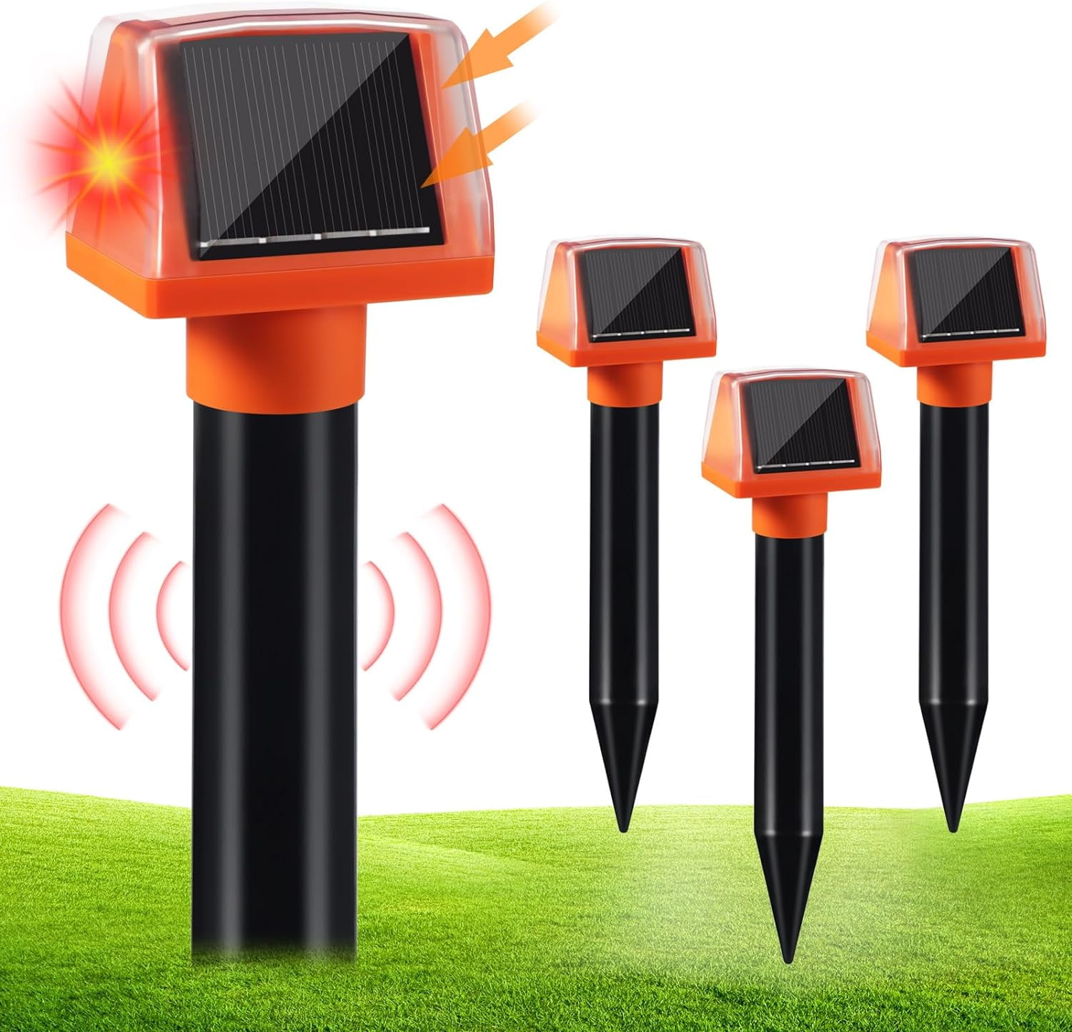 KingFurt 24Hrs Automatic Solar Power Mole Repellent 4-Pack Deterrent Spikes for Lawns \u0026 Yard Waterproof Outdoor Ultrasonic