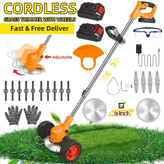 KingFurt Cordless String Trimmer,Grass Trimmer with Wheels, Weed Eater Grass Trimmer/Edger/Brush Cutter for Lawn Yard Garden