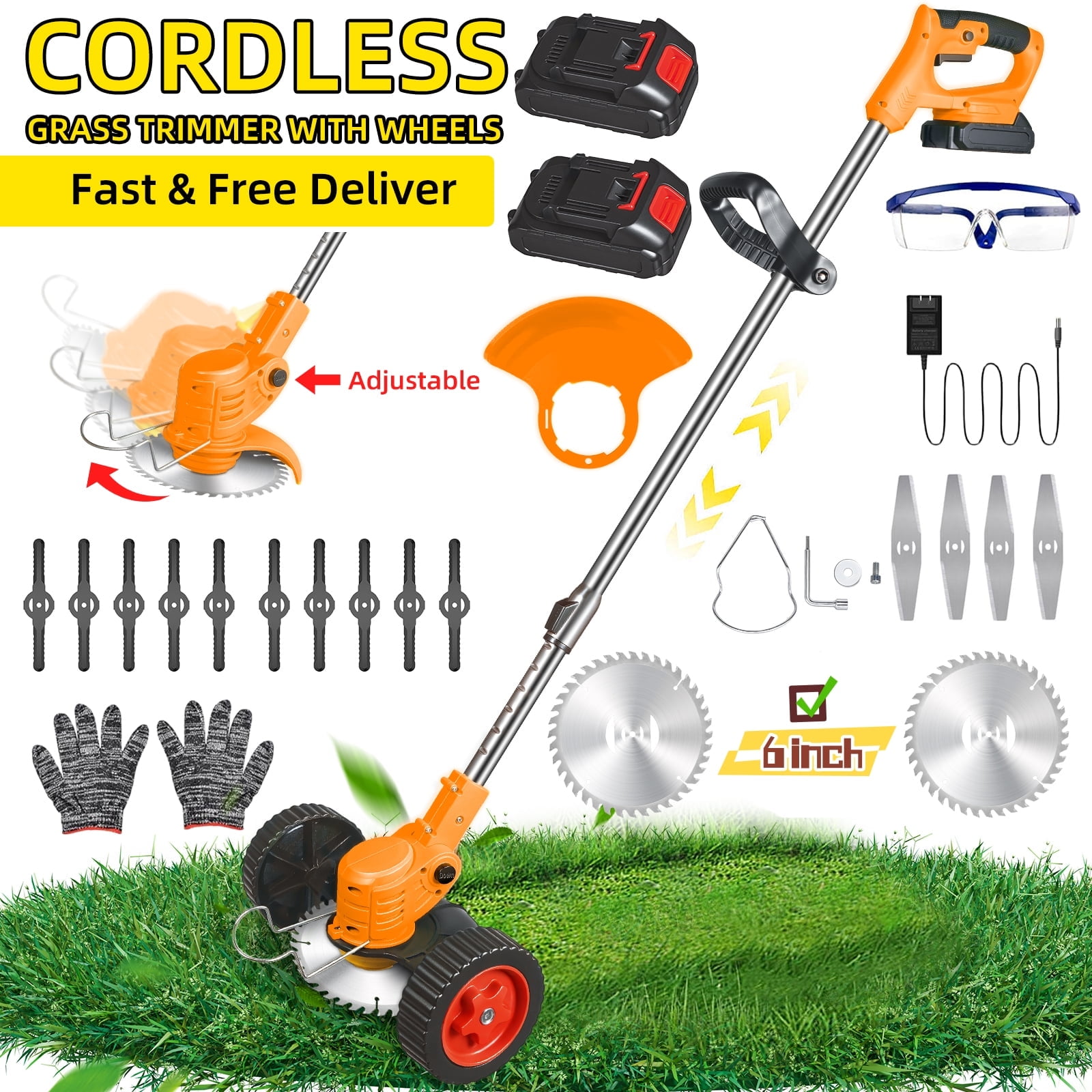 KingFurt Cordless Lawn Mower Kit Powerful DC Motor Safety Brush Cutter Blades Adjustable Handle