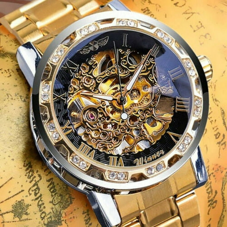 KingFurt Luxury Mens Stainless Steel Gold Tone Skeleton Automatic Mechanical Wrist Watch