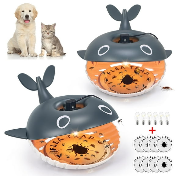 KingFurt Shark Flea Trap with Light, 8 Refill Discs - Safe Indoor Flea Killer for Home (2 Pack)