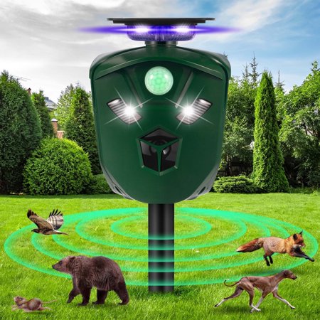 KingFurt Ultrasonic Animal Repeller Solar Powered Cat Repellent Outdoor Waterproof with Motion Sensor LED Flashing Light 360° Deer Repellent