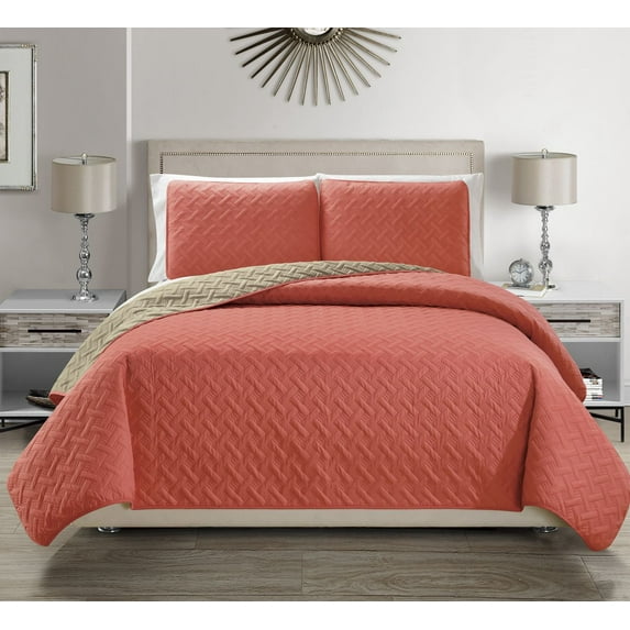 KingLinen Victoria Embossed Reversible Bedspread Set 3-Piece Coral Lattice Bedding Sets, Twin
