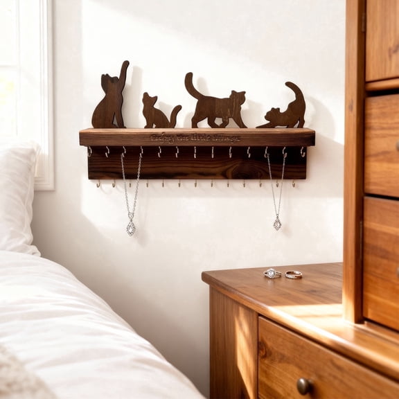 KingLive Cat Wall Mounted Wooden Jewelry Organizer with Dual Tier Hooks, Dark Brown