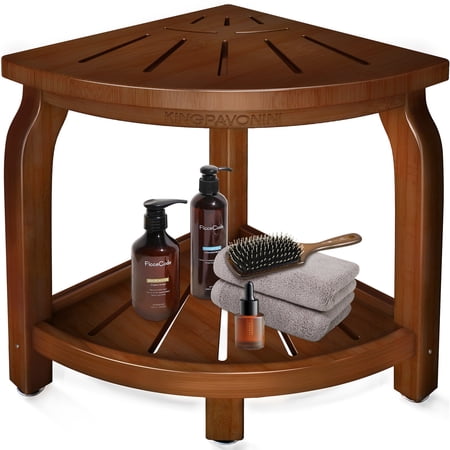 KingPavonini Bamboo Corner Shower Stool Waterproof Bath Bench with Storage Shelf Hold 450Lbs Walnut