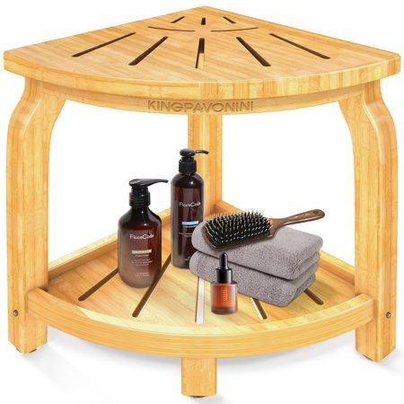 KingPavonini Bamboo Corner Shower Stool for Shaving Legs Foot Rest, Waterproof Hold 450Lbs
