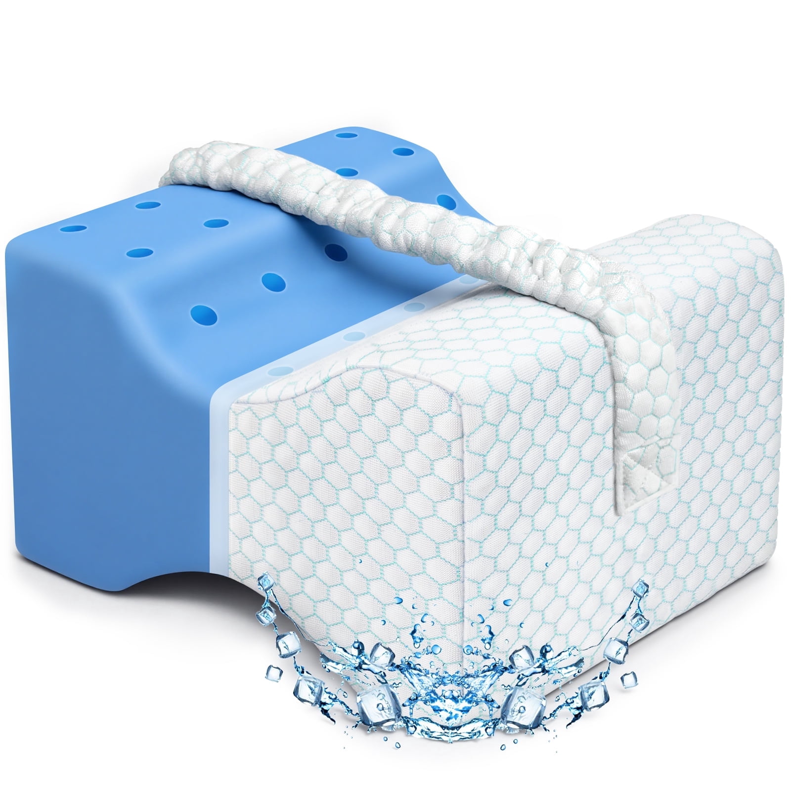 KingPavonini Cooling Knee Pillow for Side Sleepers, Gel Memory Foam Leg Pillows for Sleeping with Ice Silk Cover and Strap