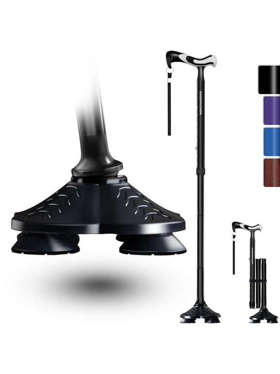 Walking Cane for Men Women Stability, Free Standing Foldable Cane, Ergonomic Handle Pivoting Quad Base, Heavy Duty 350 lbs, Adjustable Walking Canes for Seniors Balance with Travel Bag