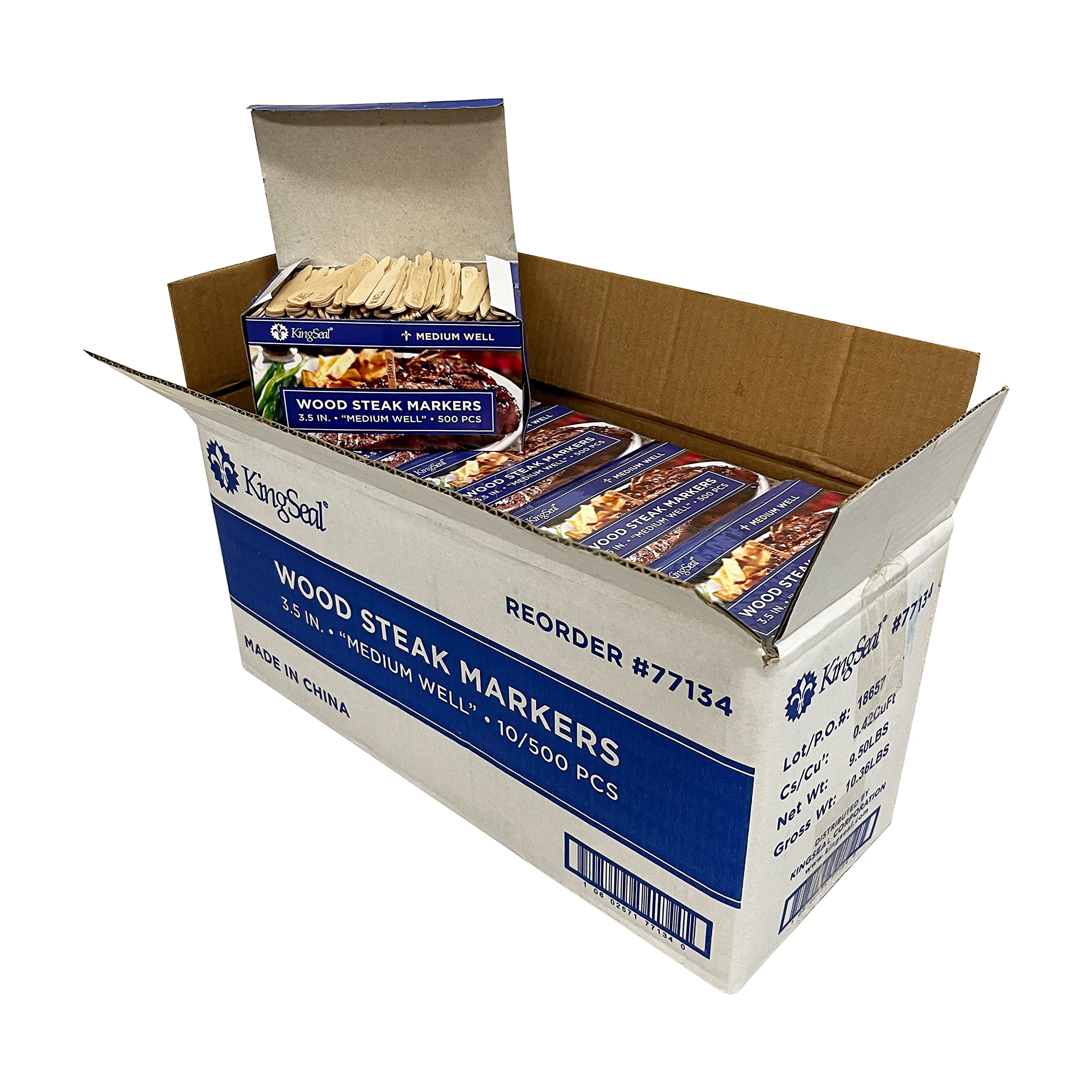 KingSeal 3.5 Inch Natural Birch Wood Steak Markers, Heat Stamped, MED Well, Commercial Bulk Pack - 10 Boxes of 500 (5,000pcs Total)