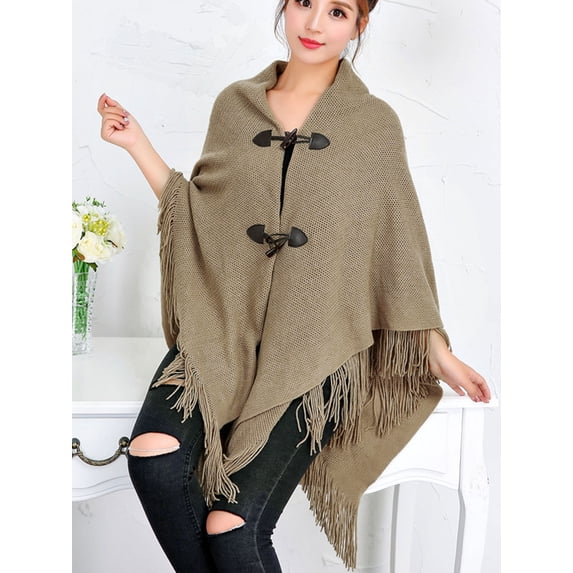 KingShop Ponchos for Women Batwing Tassel Irregular Hem Two Button Split Wrap Cardigan Poncho Sweater Coat