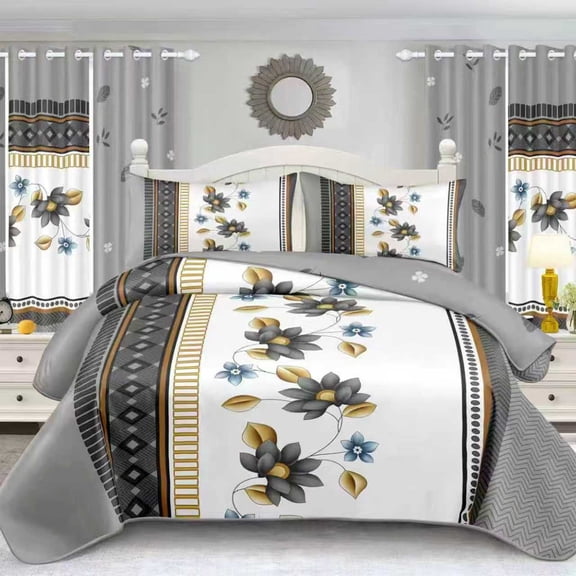 KingSize 4-Piece Bamboo Filled Bedding Set, Grey & Gold Floral Geometric All Season Duvet Cover & Fitted Sheet Set, Machine Washable for Bedroom Decor