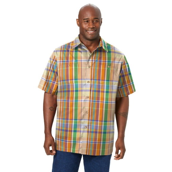 KingSize Men's Big & Tall Plaid Wrinkle-Resistant Short Sleeve Button Down