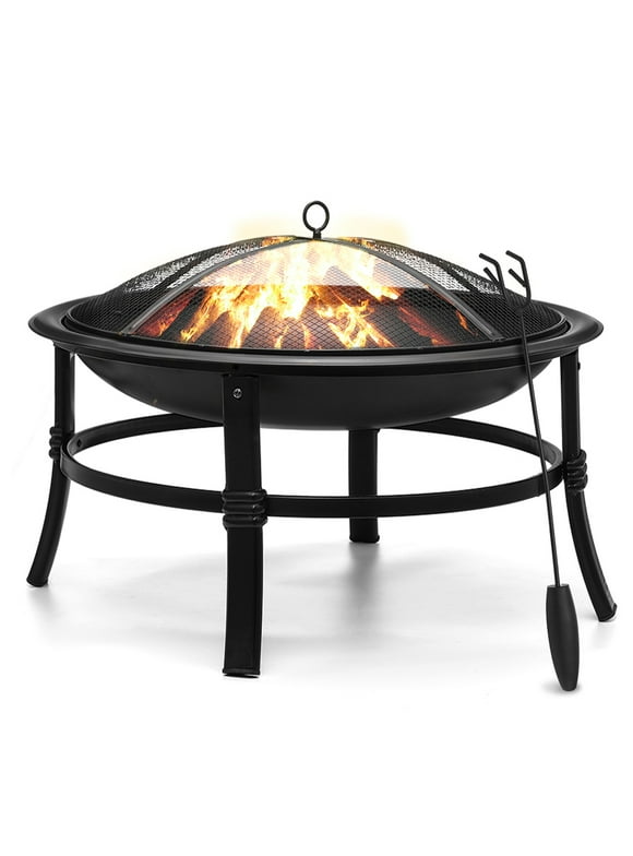 KingSo 26 inch Fire Pit for Outdoor Round Wood Burning Fire Pit Bowl for Camping Picnic Bonfire Patio Outside Backyard Garden Small Bonfire Pit Steel Firepit Bowl with Mesh Screen and Fire Poker