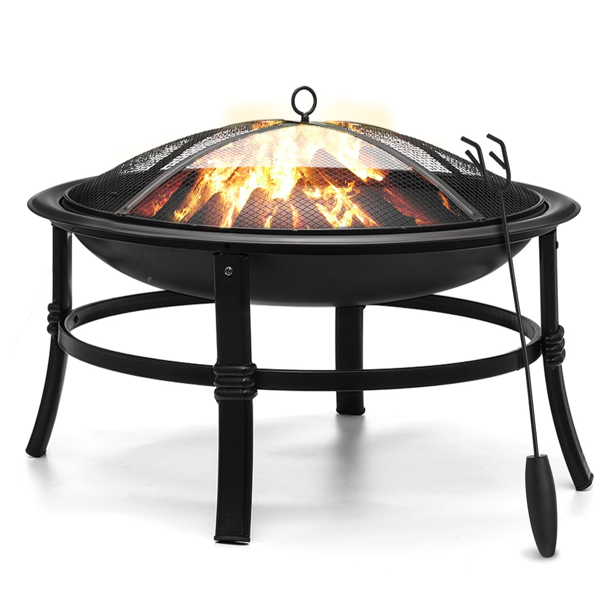 26-Inch Black Painted Steel Round Fire Pit with Mesh Screen and Poker