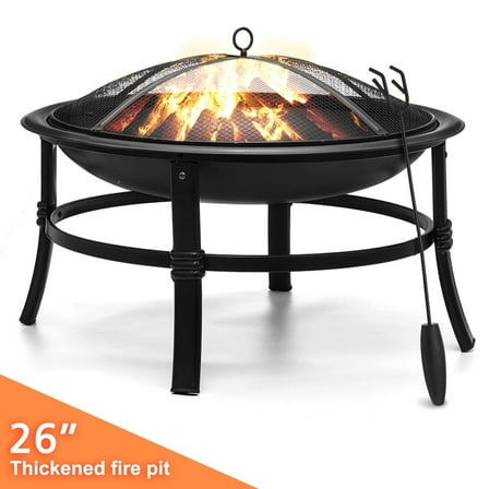 KingSo 26 inch Fire Pit for Outdoor Round Wood Burning Fire Pit Bowl for Camping Picnic Bonfire Patio Outside Backyard Garden Small Bonfire Pit Steel Firepit Bowl with Mesh Screen and Fire Poker