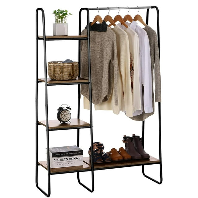 KingSo Wardrobe Closet Organizer, Metal Garment Rack with Shelves ...