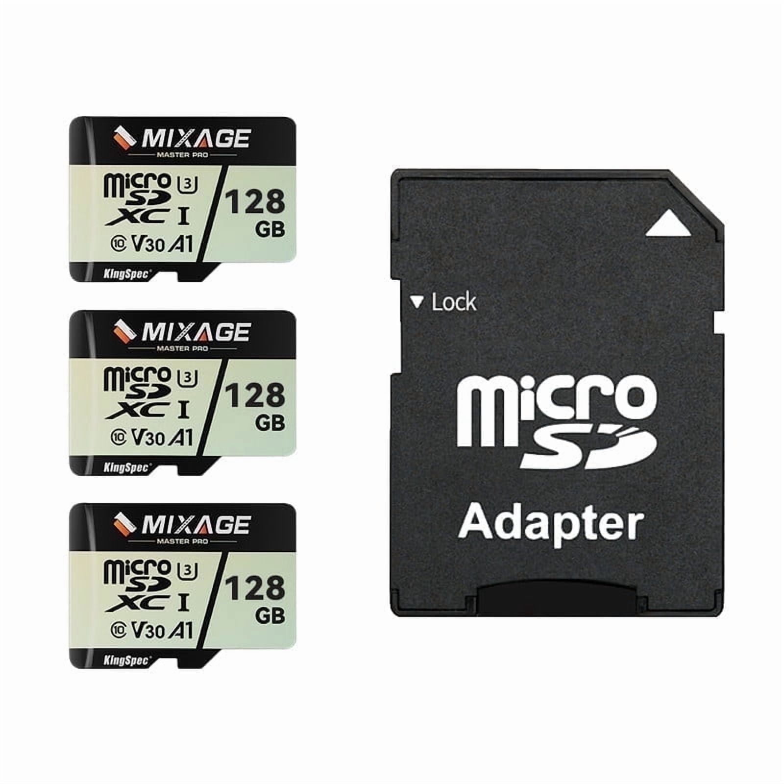 KingSpec MIXAGE 128GB 3 packs with Adapter SDXC U3 V30 A1 UHS-I Micro SD Flash Memory Card, 175MB/s Read 110MB/s Write 4K UHD for Android Phones, Gaming Consoles, Dash Cam Security Action Cameras