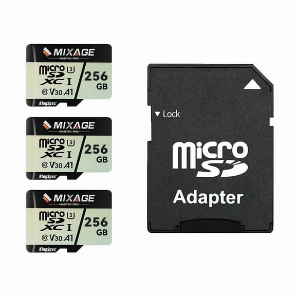 KingSpec MIXAGE 256GB 3 packs with Adapter SDXC U3 V30 A1 UHS-I Micro SD Flash Memory Card, 175MB/s Read 110MB/s Write 4K UHD for Android Phones, Gaming Consoles, Dash Cam Security Action Cameras