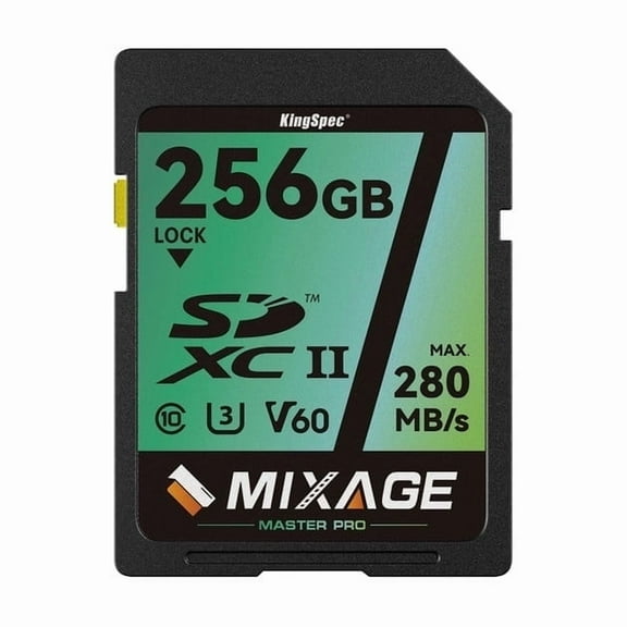 KingSpec MIXAGE 256GB SDXC U3 V60 A1 C10 UHS-II, 280MB/s Read 195MB/s Write 4K UHD Flash Memory Card SD Card for Cameras