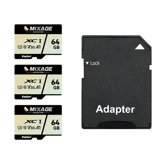 KingSpec MIXAGE 64GB 3 packs with Adapter SDXC U3 V30 A1 UHS-I Micro SD Flash Memory Card, 175MB/s Read 110MB/s Write 4K UHD for Android Phones, Gaming Consoles, Dash Cam Security Action Cameras